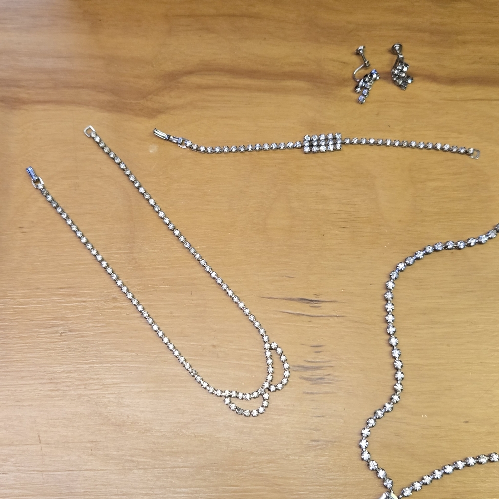 Vintage rhinestone bracelet, necklace, clip on earrings